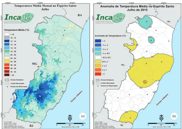 Figura 10. Temperatura média (ºC) esperada no mês de julho para o Espírito Santo utilizando a série histórica de 1976  a 2014 (a); e anomalia da temperatura média (ºC) observada para julho de 2015 a partir da série histórica  de 1976 a 2014 (b).