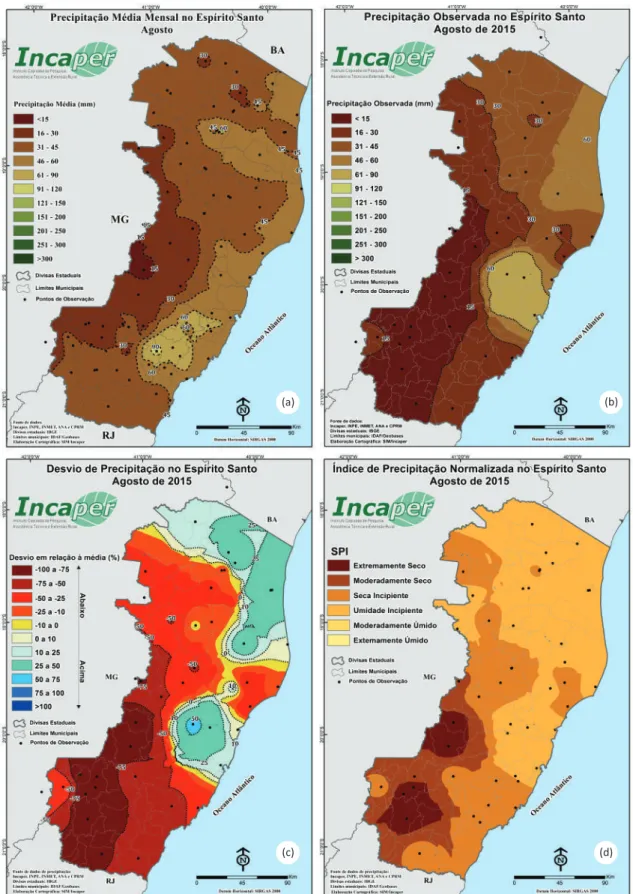 Figura 2. Precipitação média (mm) esperada no mês de agosto para o Espírito Santo utilizando a série histórica de 1931  a 2013 (a); precipitação (mm) observada em agosto de 2015 (b); desvio de chuva (%) para agosto de 2015 a  partir da série histórica de 1