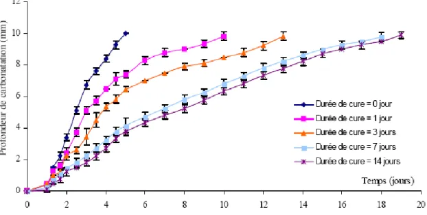 Figure 3.8 Profondeur de carbonatation en fonction du temps pour différentes durées de cure  (Omikrine Metalssi 2006) 