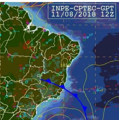 Figura 8. Recorte da carta sinótica de superfície para a América do Sul do dia 11 de Agosto de 2018 as 12Z (09h - horário local).