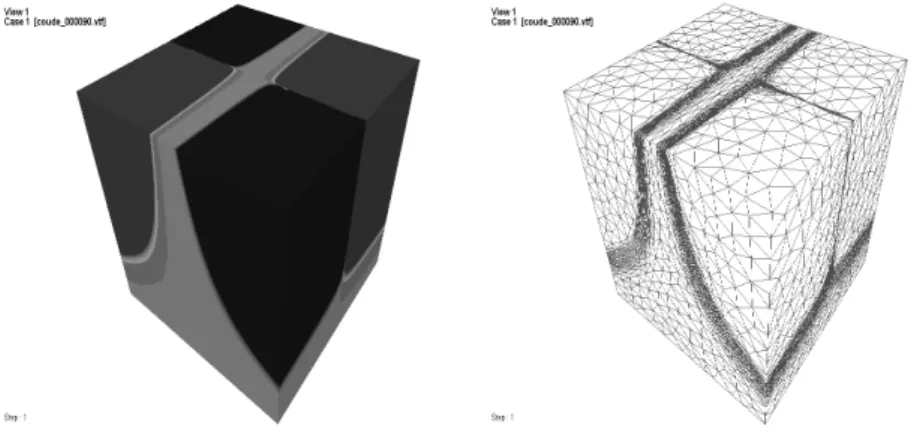 Fig. 6. Visualization of the function h (left) on the adapted mesh (right)