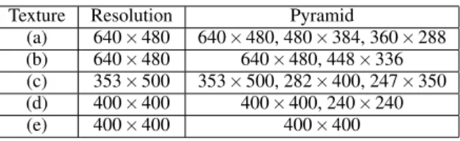 Table 1: Image resolution of the textures in Figure 1 and their pyra- pyra-mid (pixel)