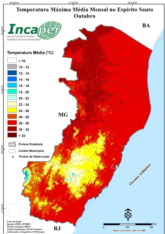 Figura 164. Temperatura máxima média (°C) em Outubro para o Espírito Santo utilizando a série histórica de 1976 a 2014