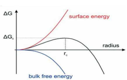 Figure I.4 : Théorie classique de la nucléation : dépendance de l'énergie libre du  nucleus en fonction de son rayon