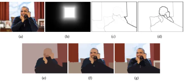 Figure 4: Hierarchical segmentation of faces. (a) Original image. (b) Prior: Probabilistic map obtained thanks to a face detection algorithm