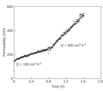 Figure 9 shows the evolution of permeability and porosity as function of time. Permeability increases rapidly by one order of magnitude in the early minutes of the experiment