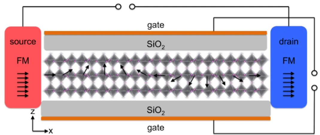 Figure 6: Scheme of a sFET as proposed by Datta and Das 72 based on hybrid organic-inorganic perovskites with a representation of the spin precession from the source to the drain.