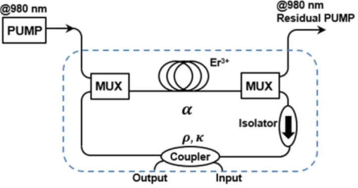 Figure 7.  Active fiber ring resonator configuration. MUX: Multiplexing.
