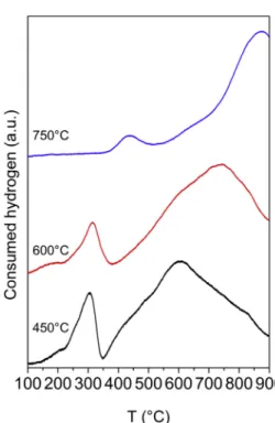 Fig. 4 XRD patterns of the bare alumina substrate thermally  treated at 900   C for 5 h and of the samples calcined at 450   C,  600   C and 750   C, after reduction at 900   C for 5 h (NiCo 17 450,  NiCo 17 600, and NiCo 17 750)
