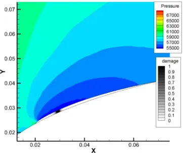 Fig. 17. 1 mm thickness case: bulk damage field and pressure field.