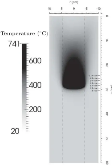 Figure 5. Solid temperature ﬁeld inside of the combustion cell after 1 h. C = 2.3%, Pe = 1.6