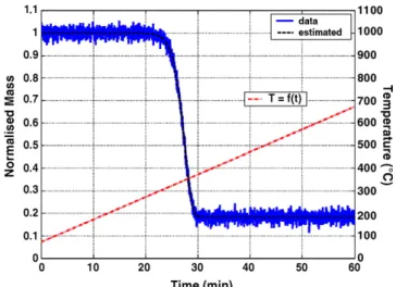 Fig. 4. Mass loss curves: simulated curve with noise on data and computed curve with fitted parameters.