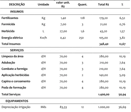 TABELA 02 - Custo de manutenção no 1º ano de cultivo da goiabeira, 1 ha, com  285 plantas