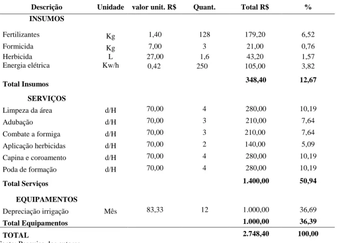 TABELA 02 - Custo de manutenção no 1º ano de cultivo da goiabeira, 1 ha, com 285 plantas