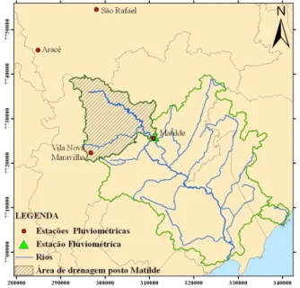 Figura 2 – Estações utilizadas e delimitação da bacia hidrográfica do rio Benevente. 