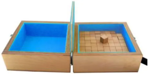 Figure  3 :  le  Box  and  Block  Test  comporte  des  cubes  de  2  cm².  Le  participant  doit  déplacer  le  maximum  de  cubes  d’un  compartiment  à  l’autre le plus rapidement possible