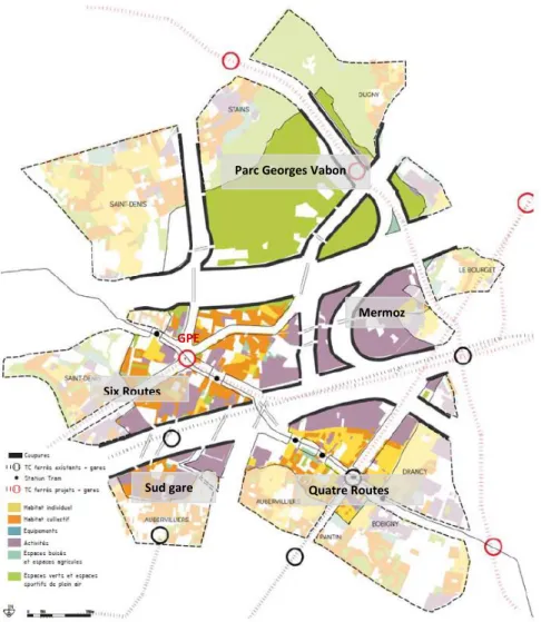 Fig 3 : Carte de localisation des quartiers de La Courneuve et de mode d’occupation des sols  Source : Rapport de présentation du PLU, 2018  