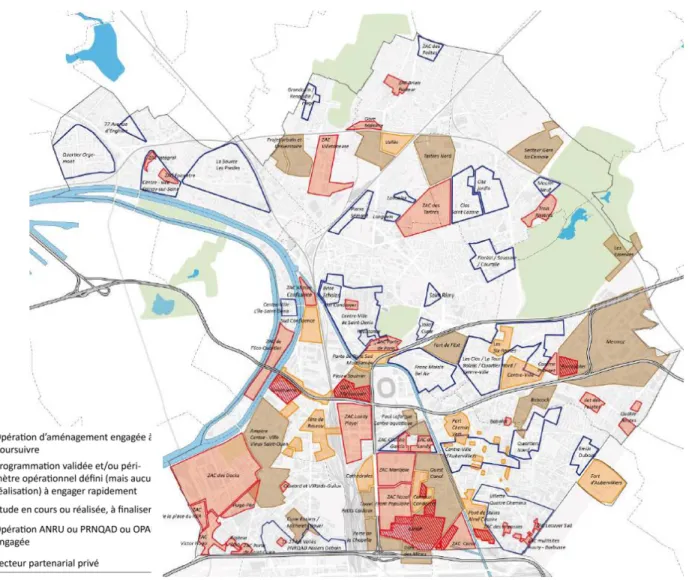 Fig 5 : Carte de localisation des projets d’aménagement à Plaine Commune  Source : Schéma directeur des espaces publics et des déplacements de Plaine Commune   
