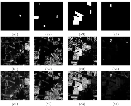 Figure 3. Comparison of MPM using Euclidean distance vs. Spectral Angle Mapper, for four spectral classes of “Indian Pines” (first column corresponds to class 1, second to class 5, third to class 11 and fourth to class 16): (a) ground truth of the class; (