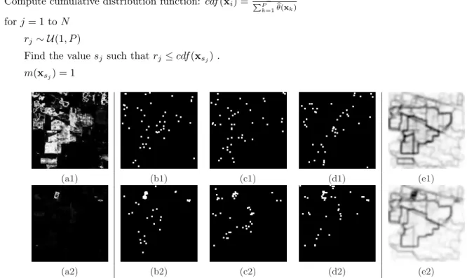 Figure 4. MonteCarlo estimation of pdf of contours using SW for two spectral classes of “Indian Pines” (first row cor- cor-responds to class 2 and second row to class 16): (a) MPM of the class π k ( x ); (b), (c) and (d) three realizations of 50 regionaliz