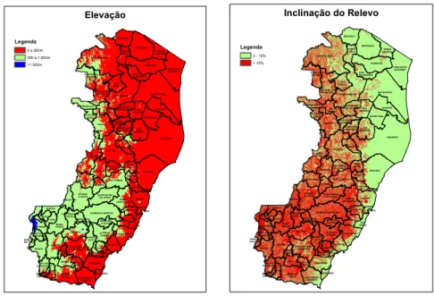 FIGURA 3 - Aptidão agrícola para os diferentes municípios do Estado do Espírito Santo em  função da topografia (elevação / inclinação do relevo) para a cultura