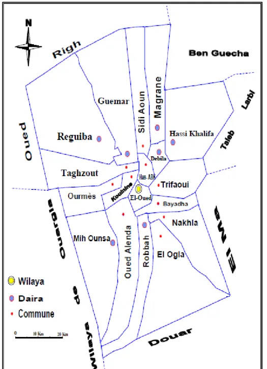 Figure N°04: Répartition administrative des chefs-lieux des   communes de la vallée d’Oued Souf 