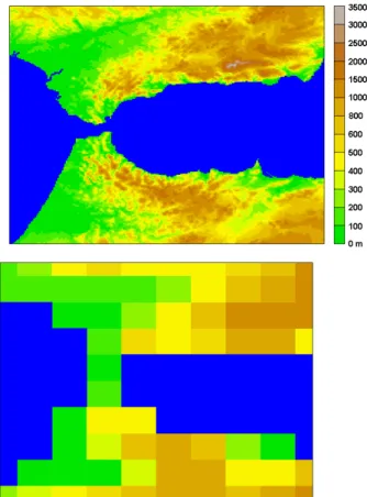 Fig. 6.1. Comparison of  2x2 km (top) and 50x50 km  (bottom) resolution topographies of the Strait of  Gibraltar  