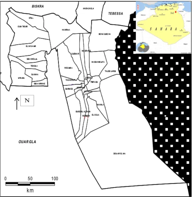 Figure 04: Situation géographique de la région du Souf  (ENCARTA, 2004 ; D.S.A.,  2009, modifié) 