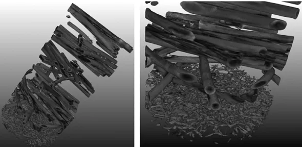 Fig. 6. 3D reconstructions of the ﬁbrous support from micro-tomography analyses carried out on: (a) sample FSb, (b) sample FSa.