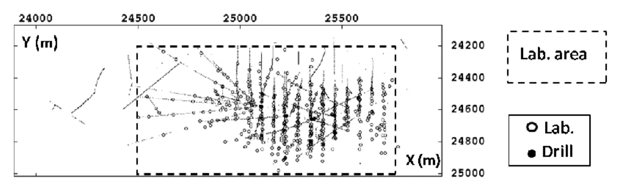 Figure 3 shows the CuT_drill and CuT_lab data locations in XoY projection. 