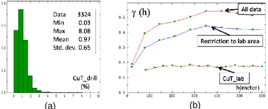 Figure 4 (a) CuT_drill distribution in lab area; (b) Impact of the spatial restriction on CuT_drill variogram 
