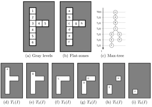 Fig. 3. Max-tree construction. The image is composed by 8 flat-zones enumerated from a to h