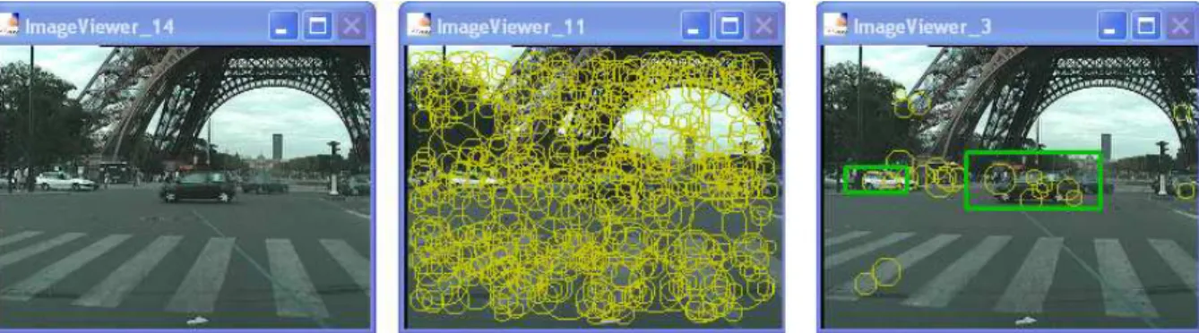 Figure 7 - First detection test on a video: the processed frame on left side, all keypoints on middle,  and on the right side only keypoints classified as “lateral-car keypoints” and the bounding boxes 