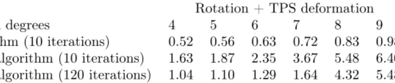 Table 1. Mean error of registration for rotated, non-linearly deformed (using thin plate splines) ventricles using our algorithm (after 10 iterations) and using the reference algorithm (after 10 and 120 iterations).