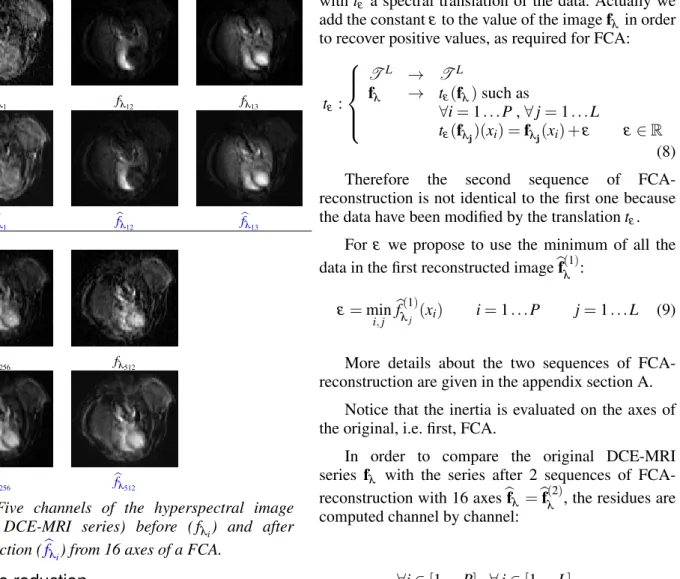 Fig. 9. Five channels of the hyperspectral image (i.e. the DCE-MRI series) before ( f λ i ) and after reconstruction ( bf λ i ) from 16 axes of a FCA.