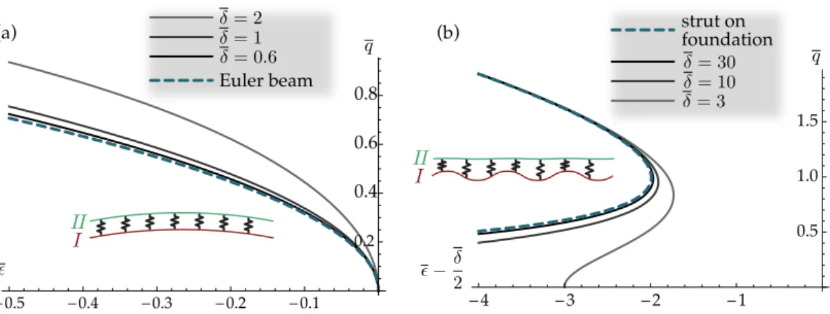 Figure 3.3: Convergence of the bifurcation modes of the bi-rod model. (a) Equivalence with the Euler beam in the limit where the dimensionless mismatch strain is small, δ  δ ∗ : the curves of marginal stability in the plane (, q) collapse onto the master c