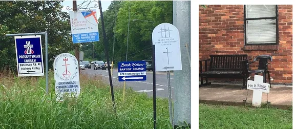 Figure 6. LEFT: a street corner in Nashville where five nearby churches are advertised RIGHT: a yard  sign declaring, “He is Risen!” (original photos) 