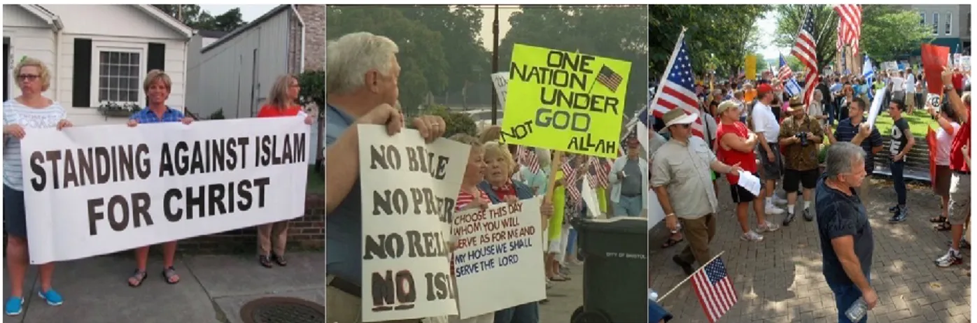 Figure 11.  Anti-Muslim demonstrations across Tennessee (image credits WJHL 2015, WCYB  2015, Associated Press 2010) 