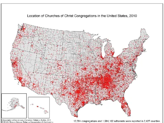 Figure 15.  Middle Tennessee has the greatest density of Churches of Christ in the United States