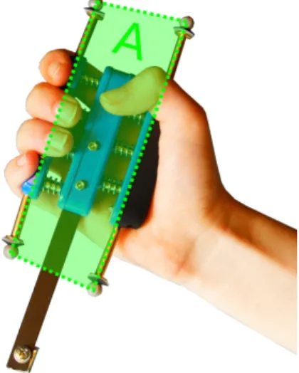 Figure 2: Our elastic input device is a consumer-grade hand exer- exer-ciser equipped with markers for optical tracking