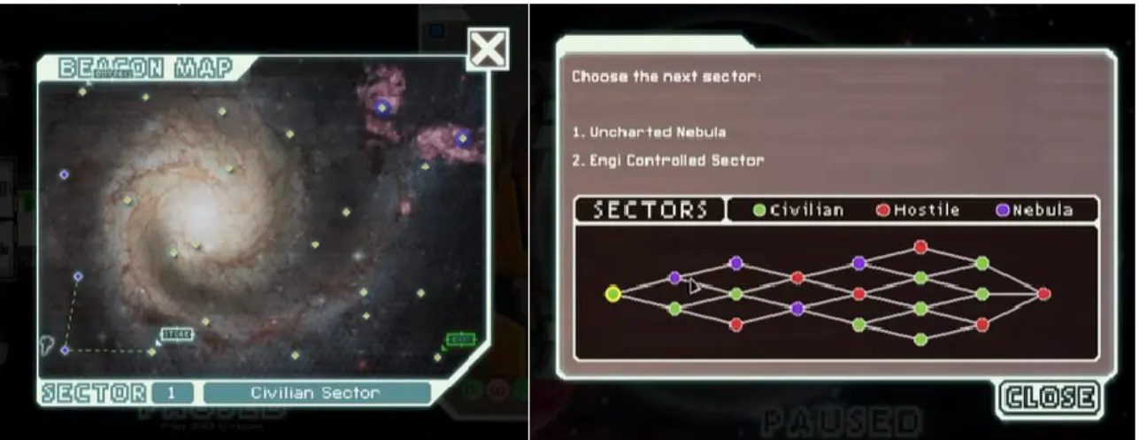 Figure 8. –   Carte des balises de saut (gauche) et des types de secteurs (droite)  dans FTL: Faster Than Light