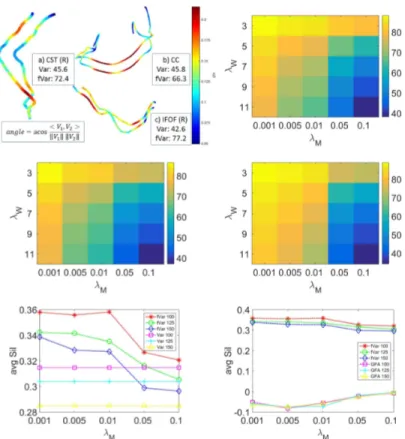 Fig. 1: Along-fiber GFA visualization and cosine similarity between pairs of fibers from three prominent bundles: a) CST (R), b) CC, c) IFOF (R), using  frame-work of varifolds (Var) and functional varifolds (fVar) (top left), and Comparing variation of co