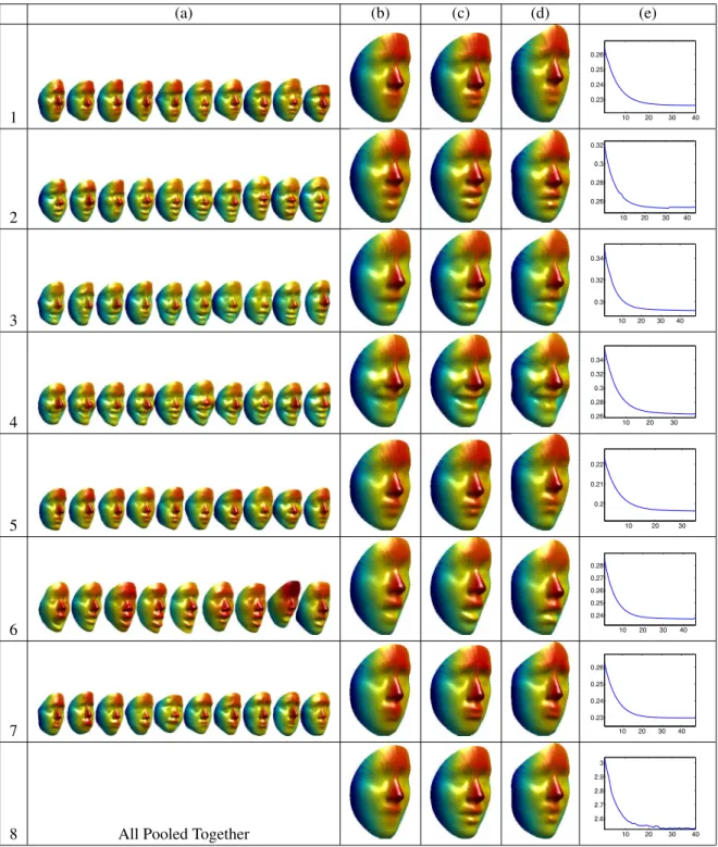 Figure 2: (a) Sample of surfaces used to compute the face template for each expression: (1) anger, (2) disgust, (3) fear, (4) happiness, (5) neutral, (6) surprise, (7) sadness, and (8) all samples pooled together