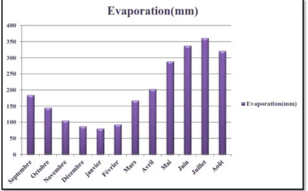 Figure 09: Histogramme de l’évaporation moyenne mensuelle (mm) (ONM)  (1978 –2015). 