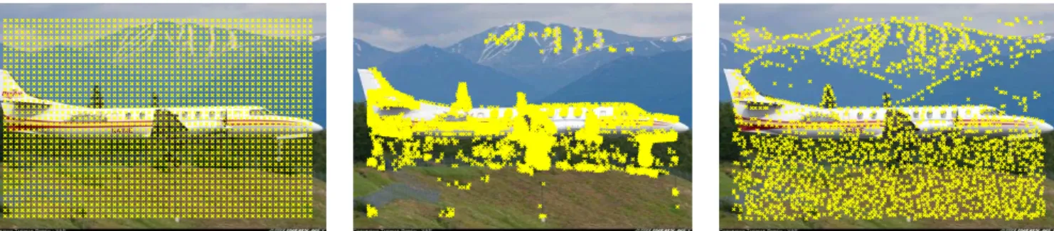 Fig. 1. Locations of patches detected by regular dense sampling (left), by Zernike detector (middle), and by dense ` 2 -norm based detector (right)
