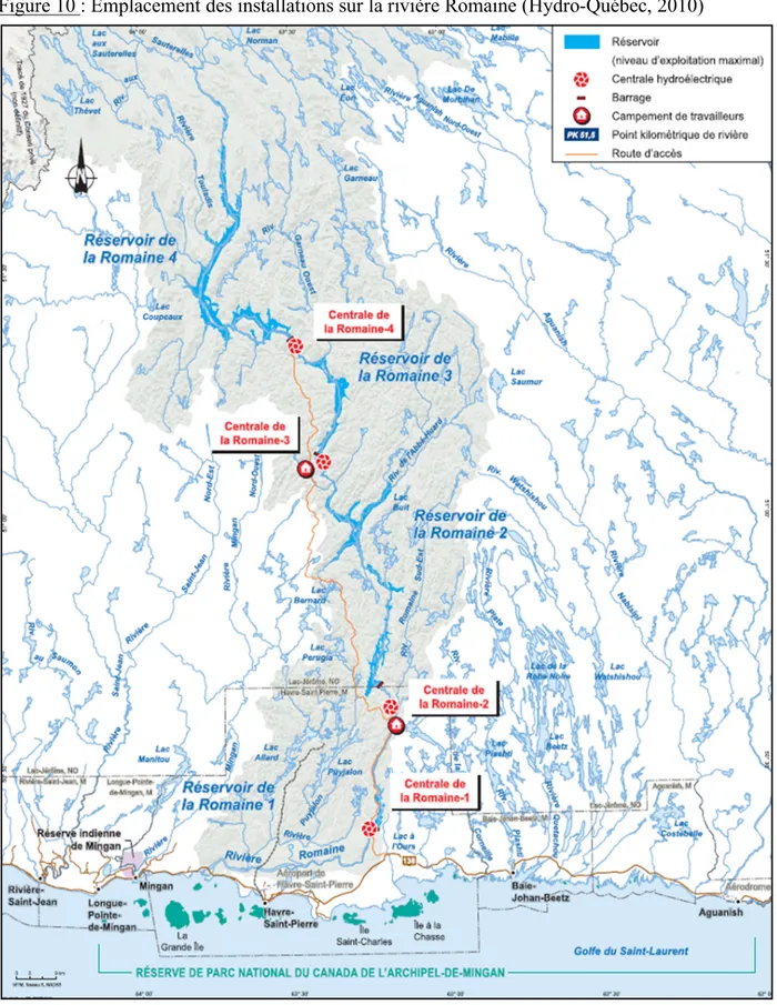 Figure 10 : Emplacement des installations sur la rivière Romaine (Hydro-Québec, 2010) 