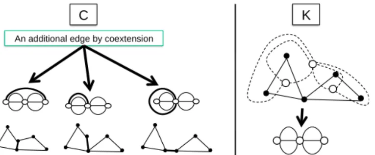 Figure 7: Coextensions of a graph G. On the right, black dots: the initial graph G, M=M(G); 