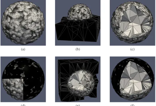 Figure 5. Views of adapted mesh with simple threshold applied and cutting planes. (a) Segmented adapted mesh
