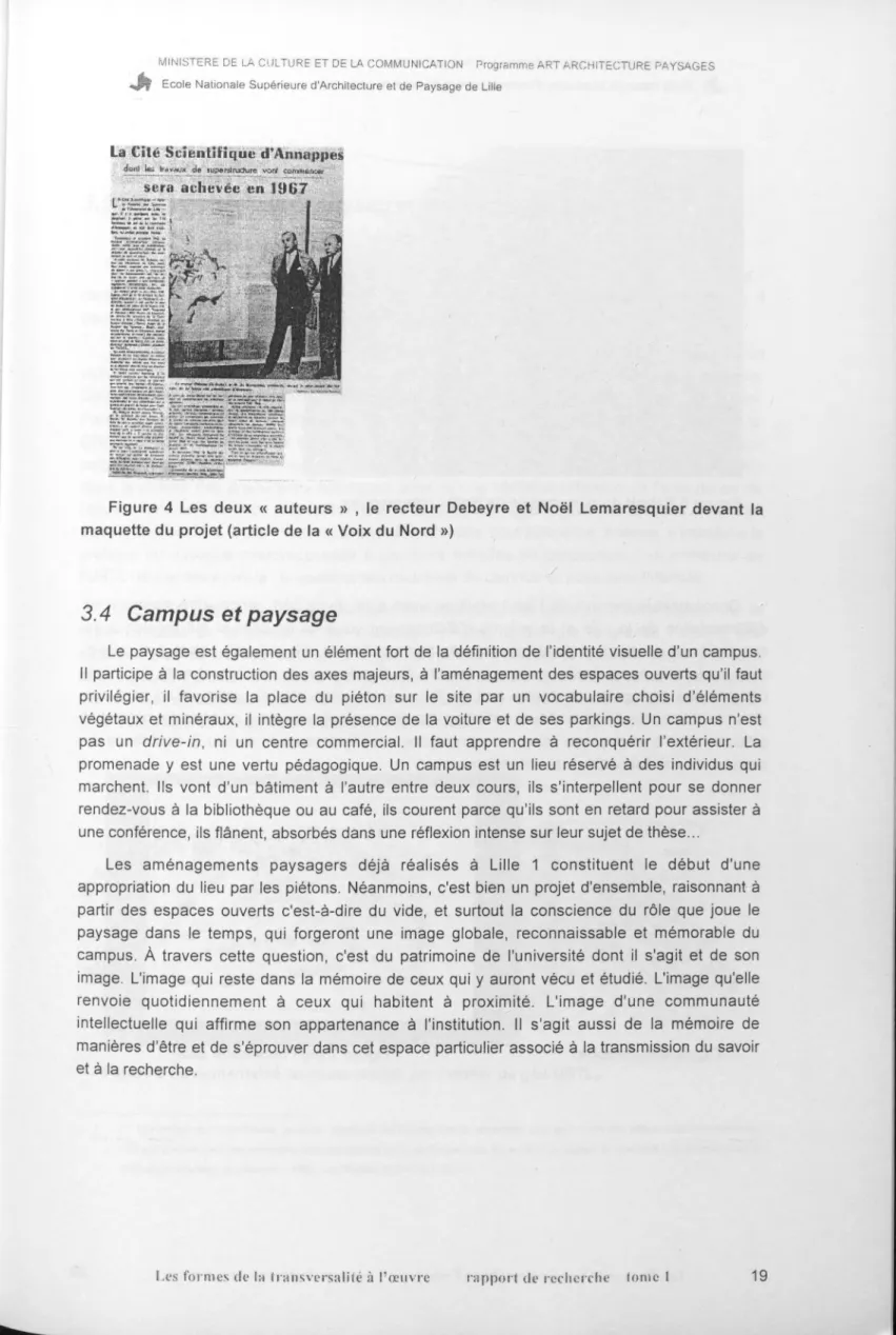 Figure  4  Les  deux  «  auteurs  »  ,  le  recteur  Debeyre  et  Noël  Lemaresquier  devant  la maquette du  projet (article de  la  « Voix du  Nord  »)