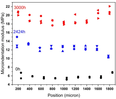 Figure A1. Evolution/profile of modulus through the thickness measured by microindentation of a 2 mm-thick  sample aged at 90 °C for different durations.